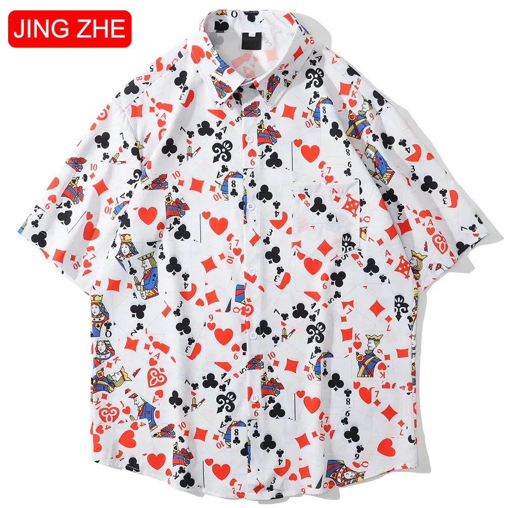 

JING ZHE Shirts Men Funny Poker Printed Casual Short Sleeve Hip Hop Shirt Harajuku High Street Summer Beach Hawaiian Streetwear