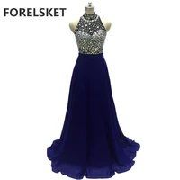 crystal beading chiffon prom dresses royal blue 2020 halter womens formal long evening party gowns open back robe de soiree