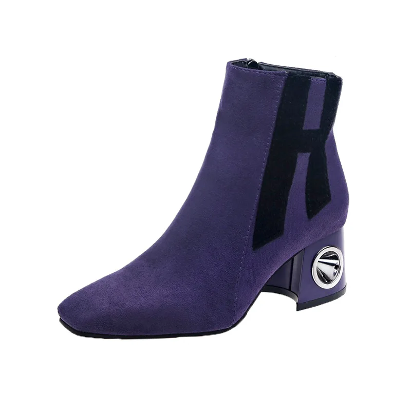 Женские замшевые ботинки-мартинсы черные фиолетовые теплые однотонные ботинки
