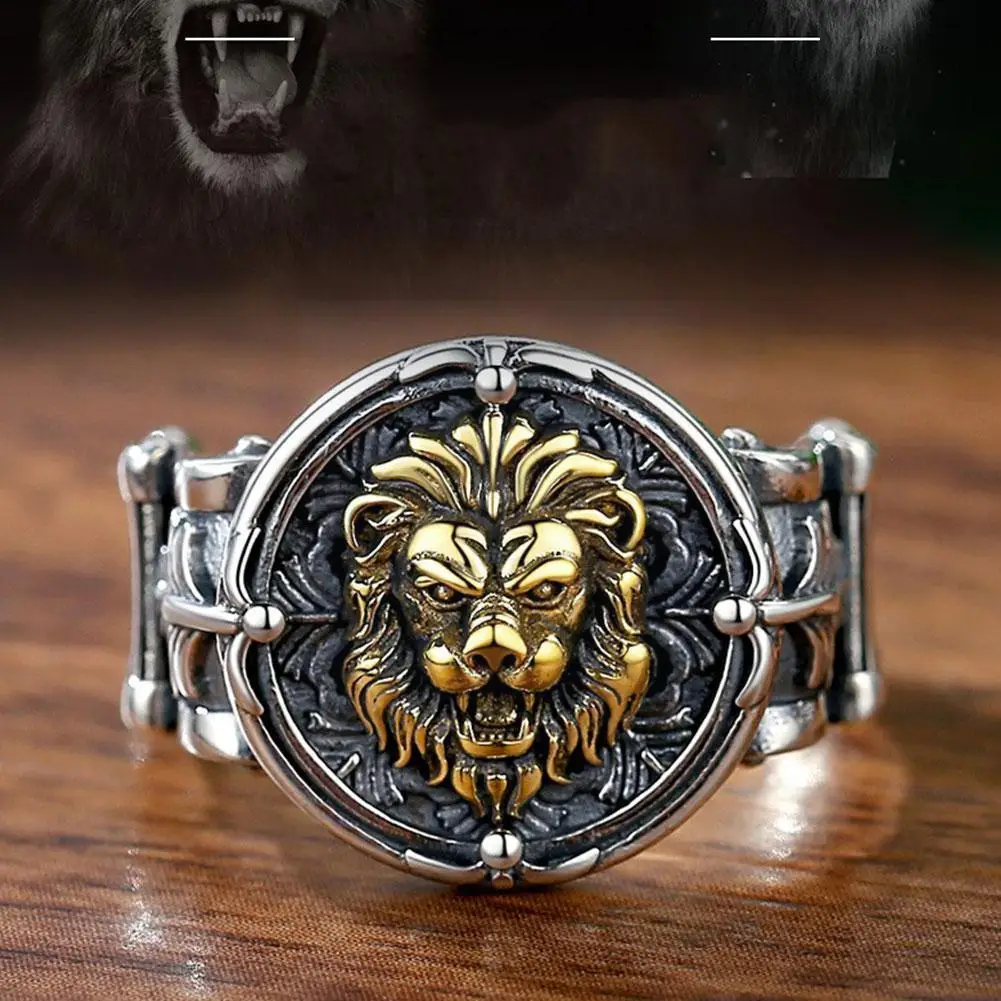 Регулируемое кольцо в ретро-стиле с рельефной резьбой виде короля льва |