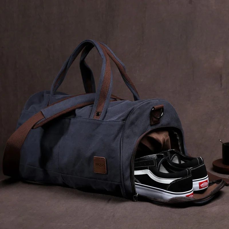 New Unisex Canvas Travel Bags Large Capacity Handbag Fitness Sports Shoulder Bag With Shoes Pocket Luggage Bag Black Khaki XA30M