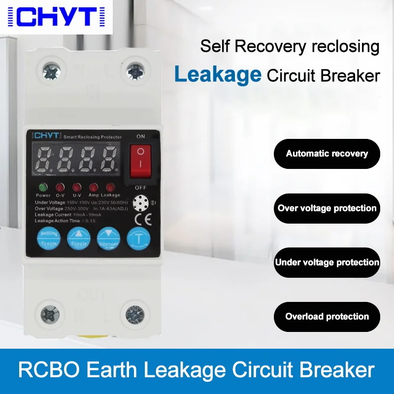 

Over under Voltage Protector Self Recovery reclosing Earth Leakage Circuit Breaker 63A Current Ajustable Digital Display RCBO