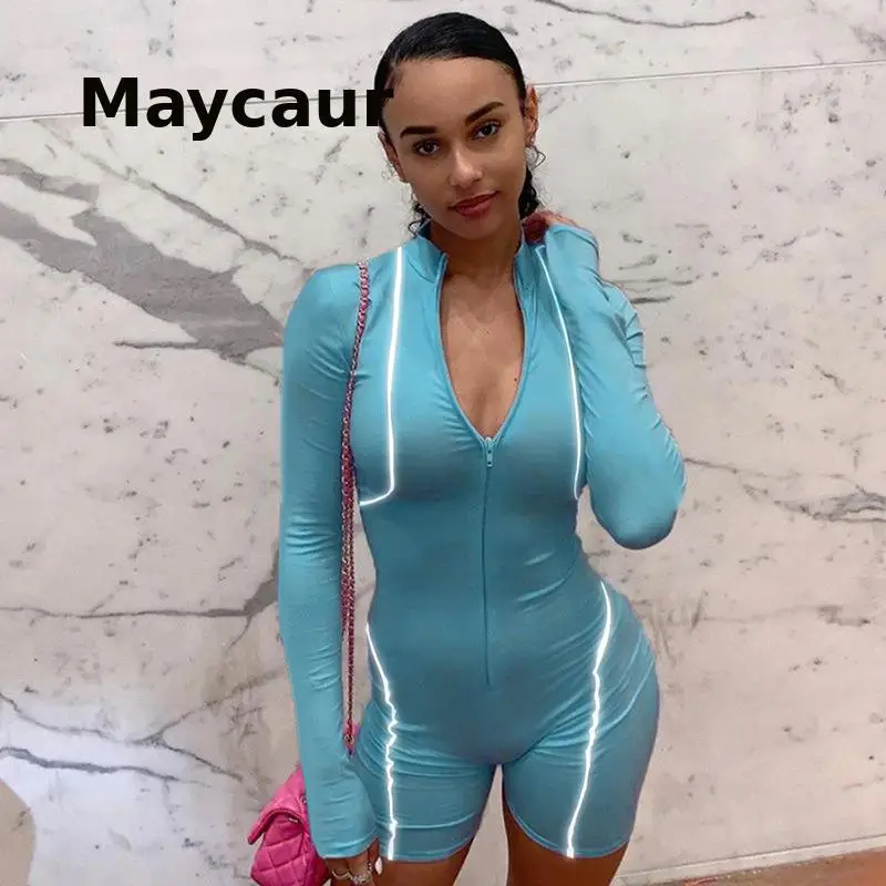 

Женский модный комбинезон Maycaur с длинным рукавом, на молнии, светоотражающие полосатые комбинезоны в стиле пэчворк, женские эластичные обле...