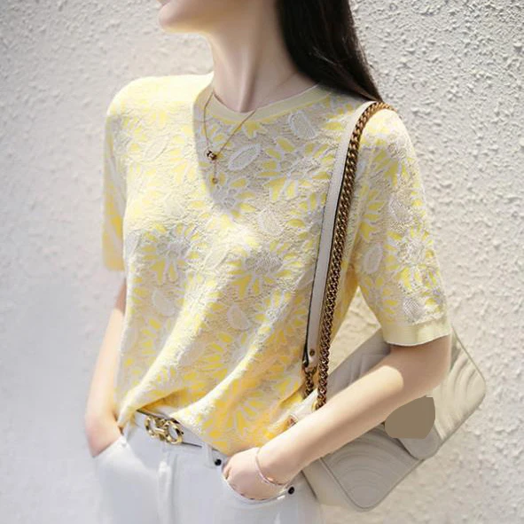

White Knit Japanese Jacquard Short Sleeve T-shirt Top Summer Thin Hollow Round Neck Breathable vintage clothes woman