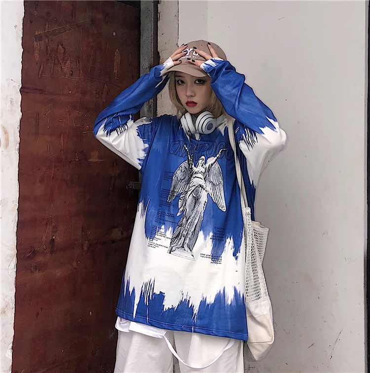 Осень Корея ulzzang Харадзюку улица Винтаж BF tie-dye Ангел печати o-образным вырезом пуловер свободная повседневная женская футболка с длинными рукавами