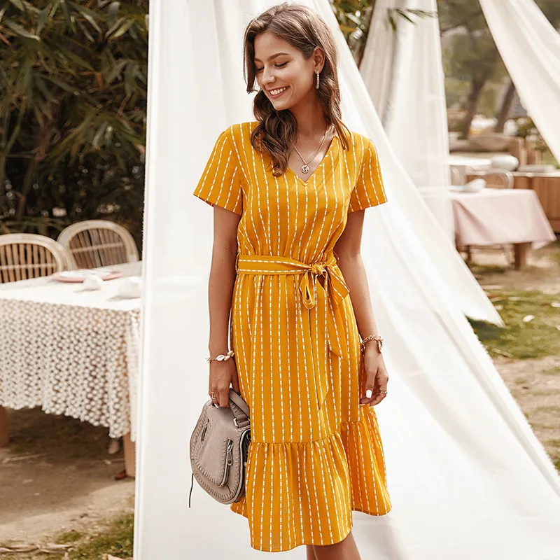 

Yellow Striped Dress Women Summer Short Sleeve V Neck Midi Dress Elegant Solid Color Lace-up Party Sundress Boho Robe Vestidos