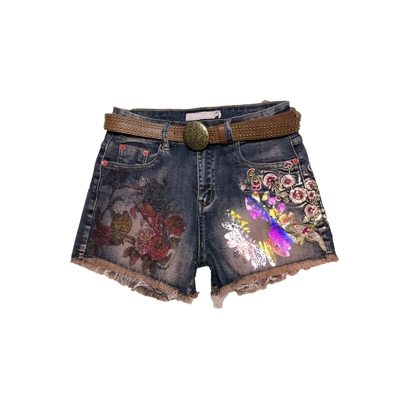 

New Street Fashion Women Elastic Slim Fit Straight High Waist Hotpants Vintage Embroidery Printed Tassel Sexy Mini Denim Shorts