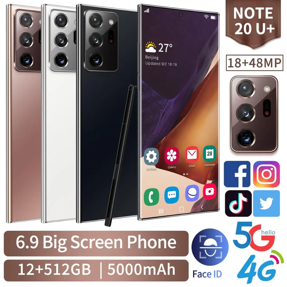 

Global Version Note20U+ Mobile Phone 6.9 12G 512G Android10 4G 5G Smartphones 48MP 5000mAh CellPhone Fingerprint Unlock Tipo-c