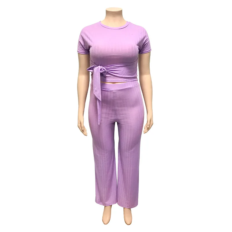 Повседневный Женский комплект размера плюс футболка с поясом и строгие штаны из 2