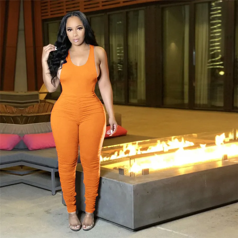 

Womens Jumpsuit Full Pant round neck solid pleated sleeveless Jumpsuits