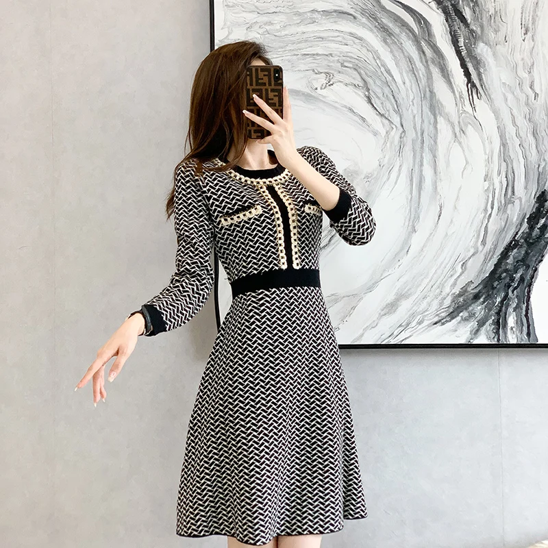 

2021 New Women's Dress Korean Harajuku Slim Women Knitted Dresses Gentle Noble Luxury Sweater O Neck Dress Vestidos