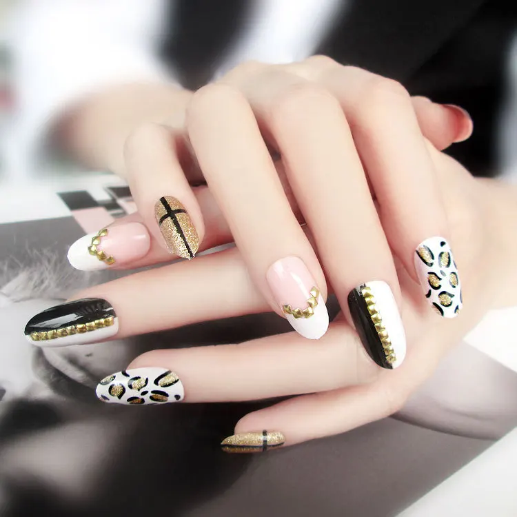 24 шт/кор. черные и белые золотые ногти DIY наклейки для ногтей полное покрытие