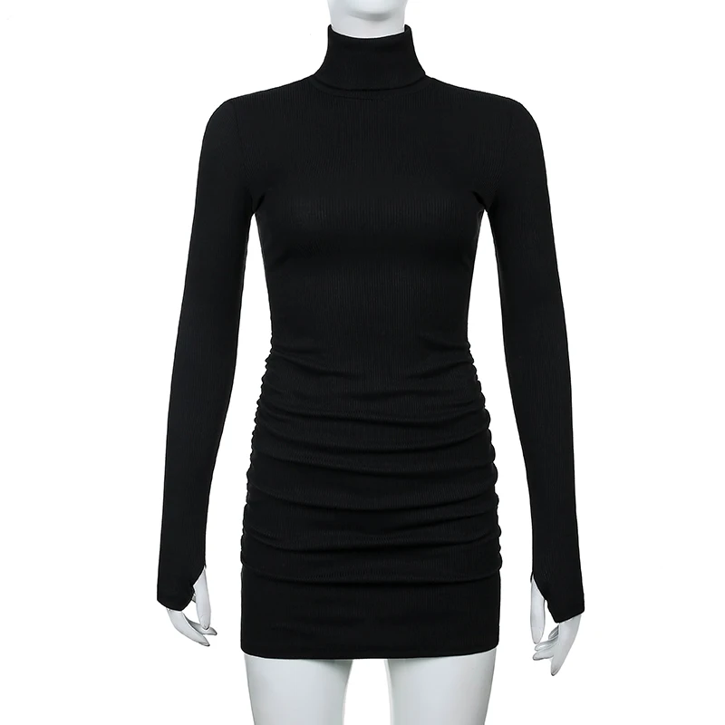 

Brown Ribbed Knit Turtleneck Long Sleeve Winter Runched Dresses For Women 2020 Autumn Bodycon Lady Short Black Sheath Mini Dress