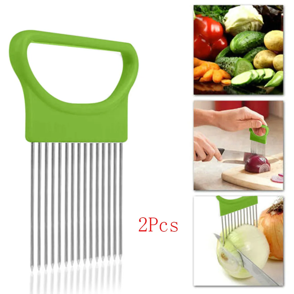 2PCS Green New Good Helper Kitchen tools Slicing Cutter Safe Fork Cozinha Cocina Utensilios Tomato Onion Slicer Cutting Aid Holder - Цвет: 2PCS Green
