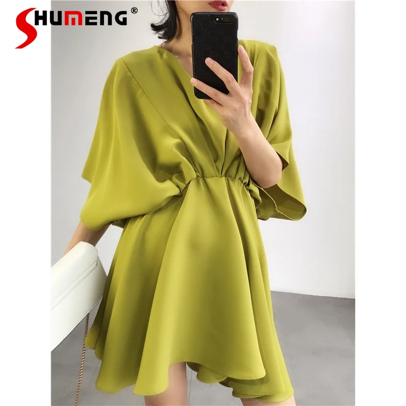 

2021 Summer New Elegant Women Slim Waist V-Neckline Mini Dress Ladies Fashion Lightly Mature Solid Mid-Length Above Knee Dress