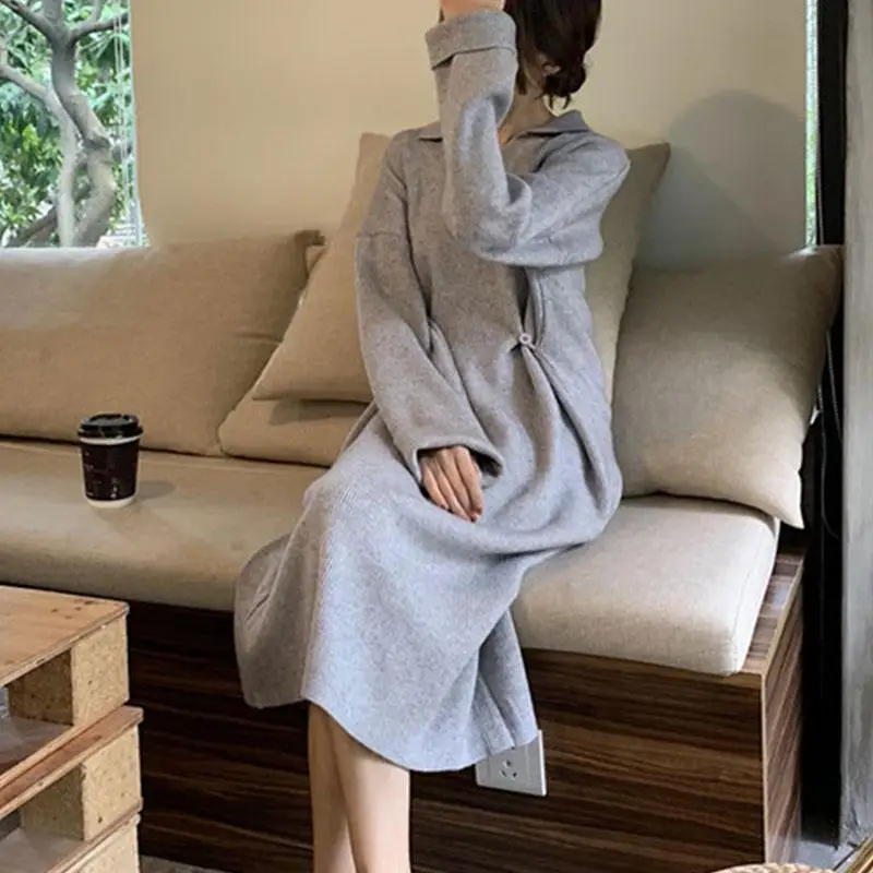 

Vicabo Black Dress High Neck Long Sleeve Knitted Dress Women Grey Dresses Female Solid Color Lapel Casual Korean Fashion Dresses