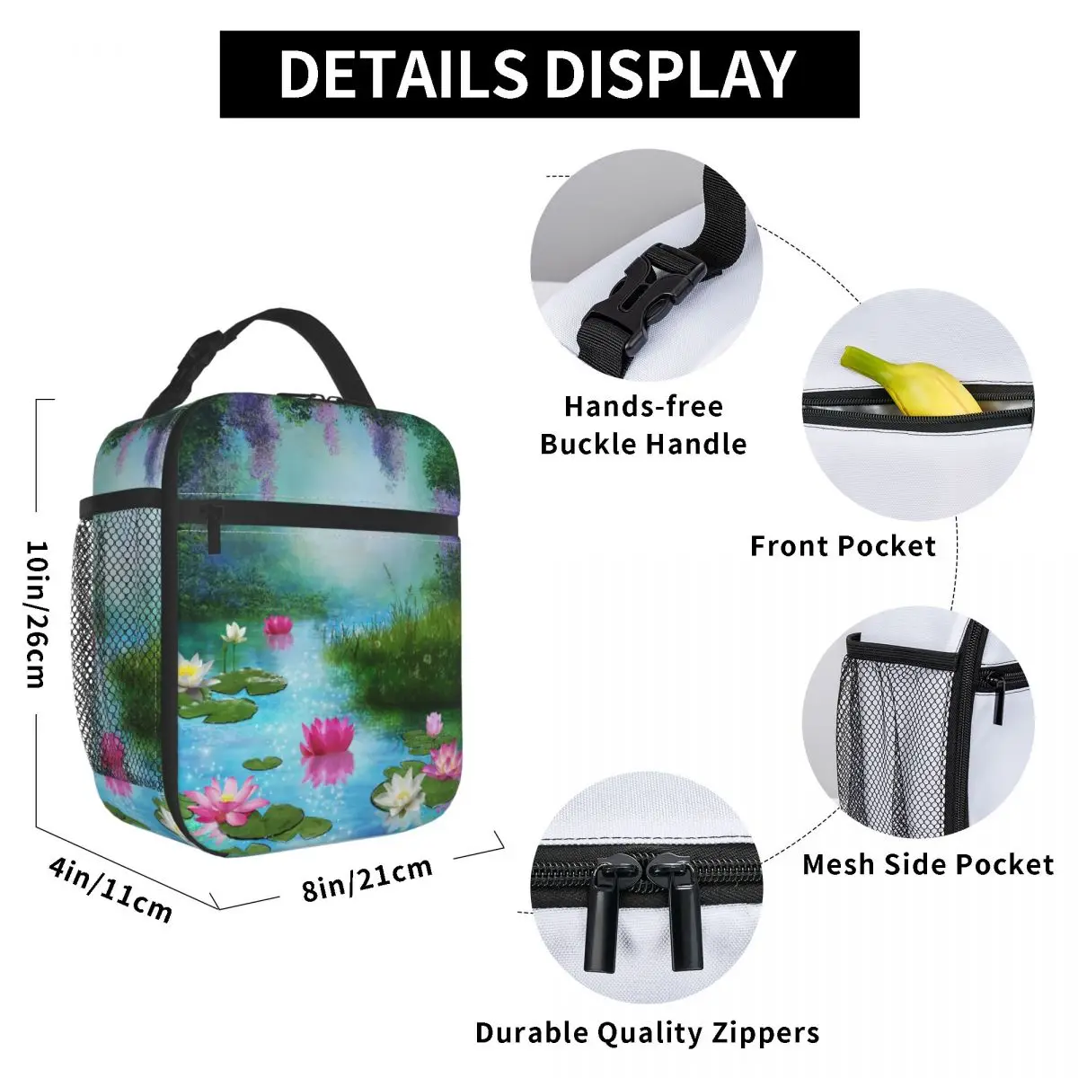 

Fantasy Pond With Water Lilies Lunch Bag for Women Men Large Insulated Lunch Box with Water Bottle Holder and Pockets