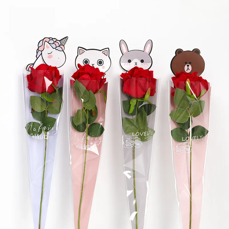 Cartoon Single Flower Rose Box Bouquet Wrapping Paper PVC Triangular Boxes - 20pcs image 5