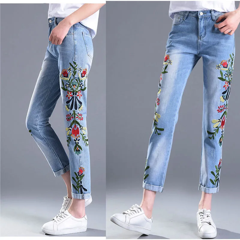 Летние джинсы с цветочной вышивкой длиной до щиколотки Женский светильник синие