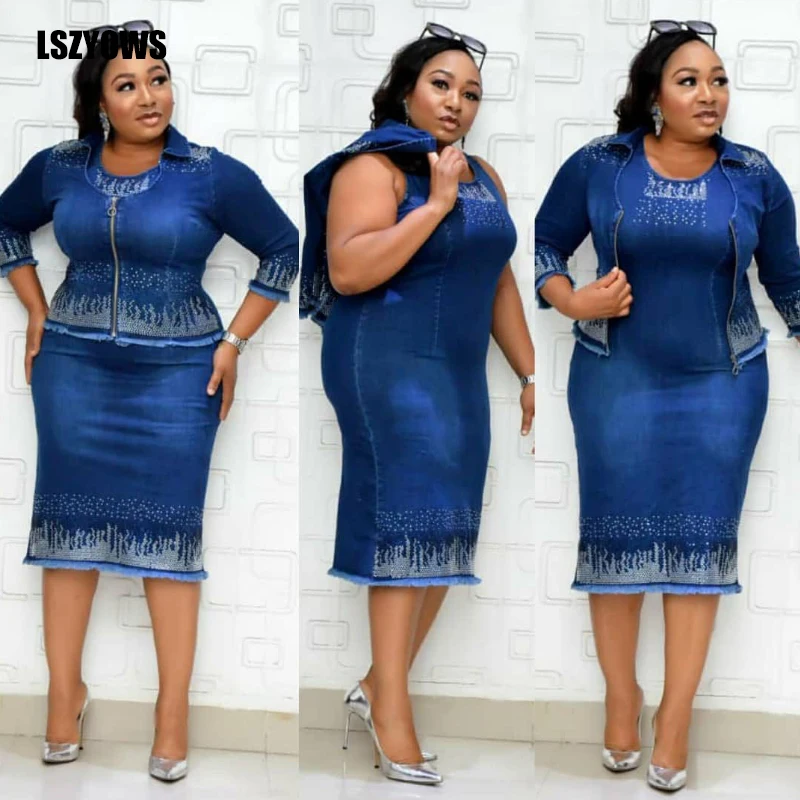 

Plus Size Women Denim Two Piece Set Elegant Sleeveless Pencil Midi Dress and Jean Jacket Office Lady Suits Summer Casual Outfits
