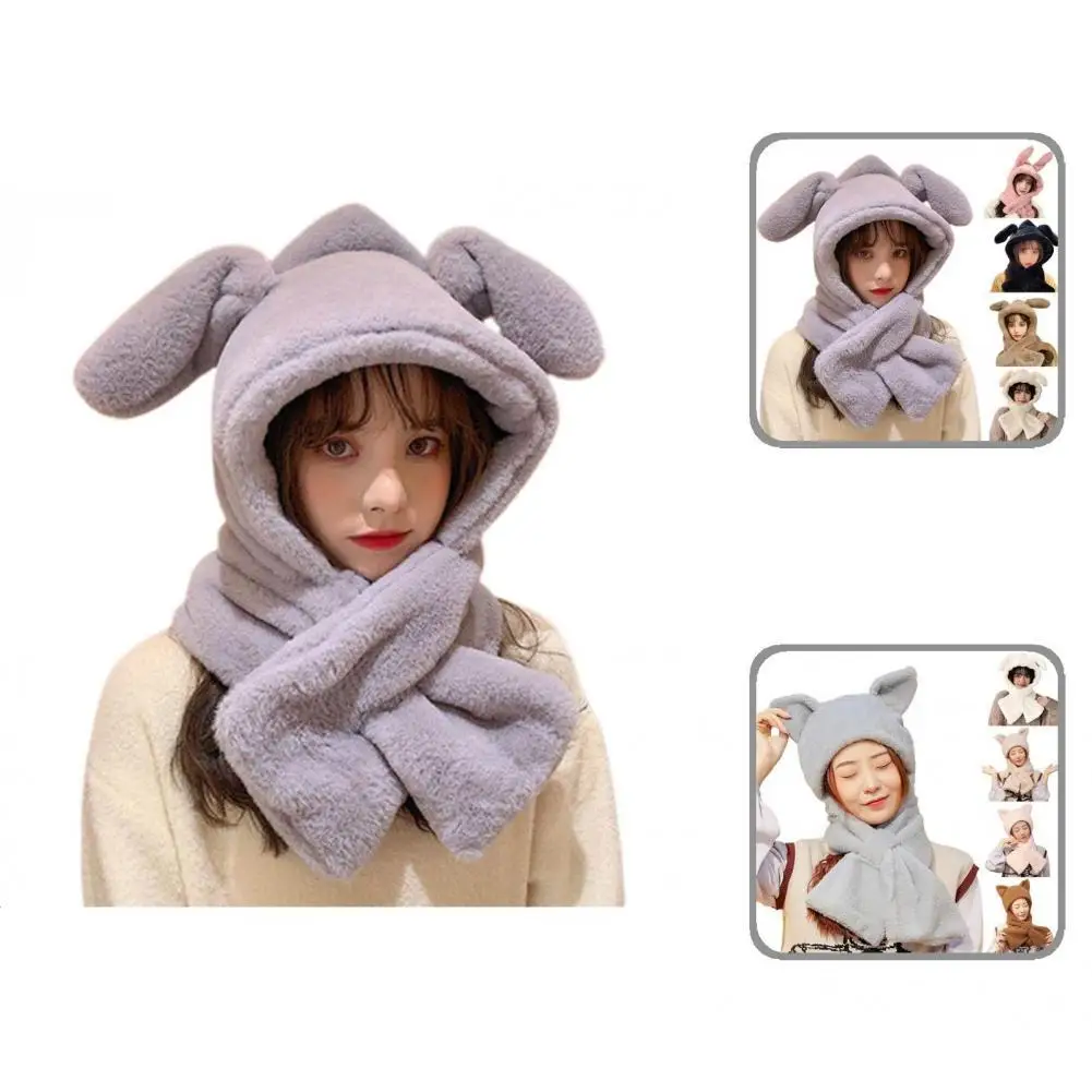 

Solid Color Functional Kitty Ear Plush Hat Scarf Keeping Warmth Hat Scarf Lovely for Girls