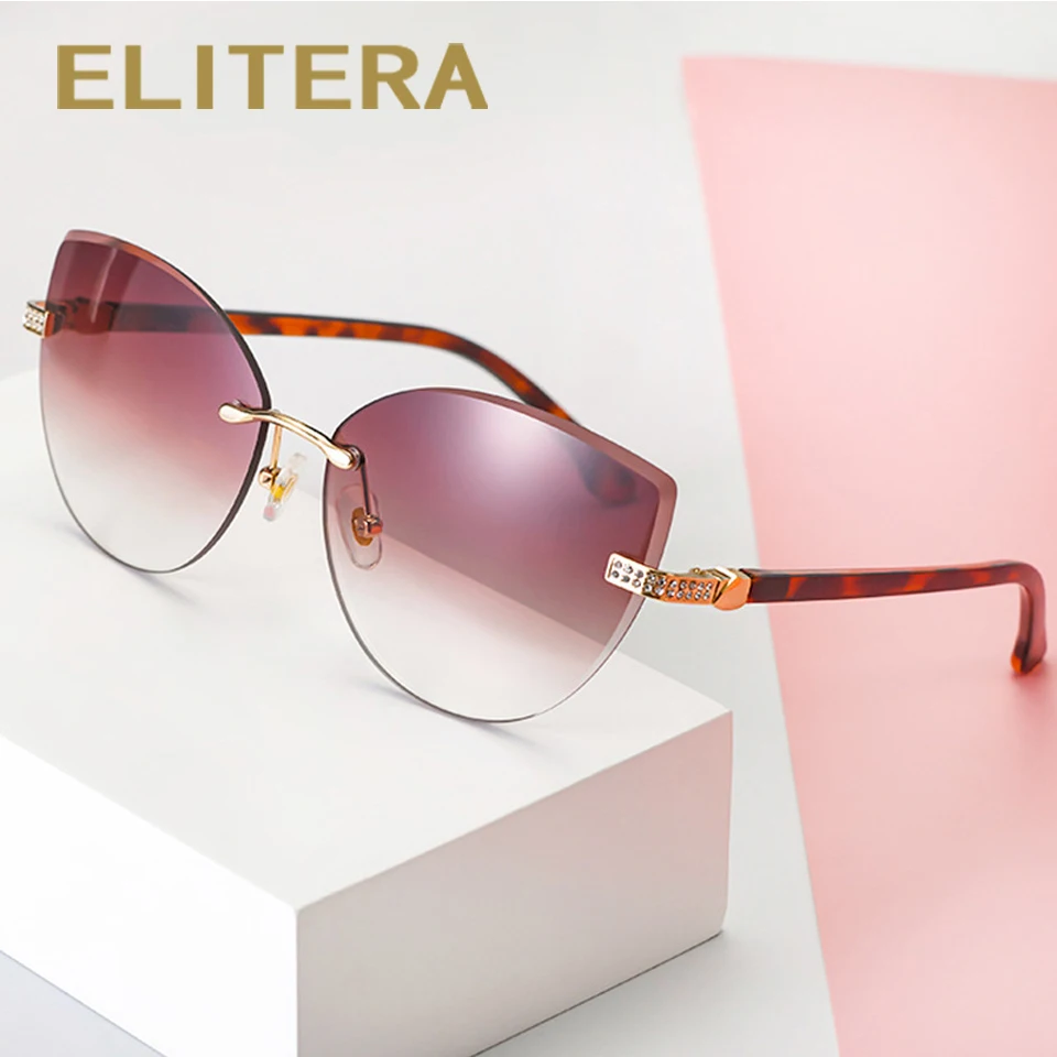 

Новинка, женские модные солнцезащитные очки кошачий глаз ELITERA без оправы, имитация дерева, трендовые товары, 2021