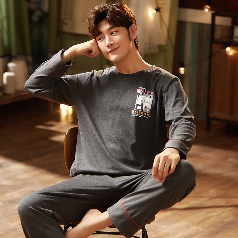 

Pajamas Men'S Cotton Spring Autumn Long-Sleeved Youth Korean Casual Winter Home Service Two-Piece Suit Fashion Nightwear Gift