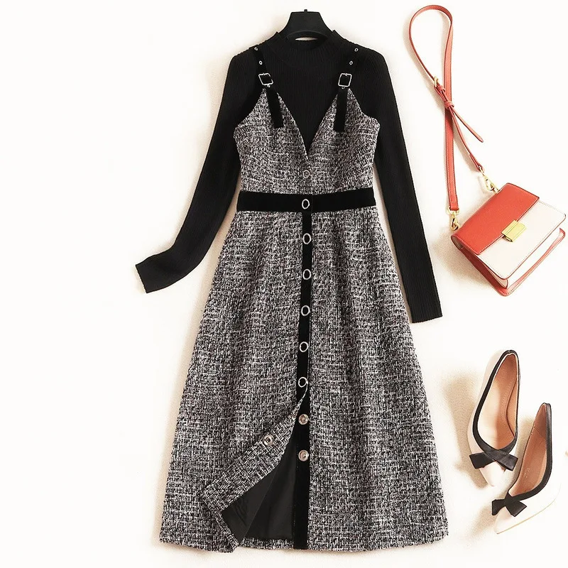 

Fashion Long Sleeve Pullover Knit Top and Woolen Dress 2pcs High Quality Designer Autumn WInter Dresses for Women Vestidos
