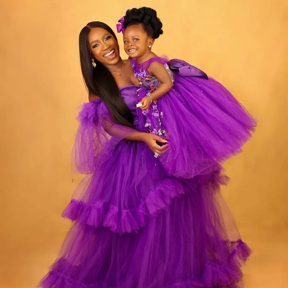 

Модное официальное вечернее платье для выпускного вечера для семейного образа, фиолетовое бальное платье с аппликацией из кристаллов, вечерние платья Asoebi для мам и детей