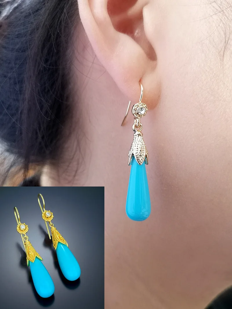 

European And American Carved Diamonds Bohemian Vintage Drop-Shaped Turquoise Sapphire Earrings Bridal Women's Jewelry Earrings