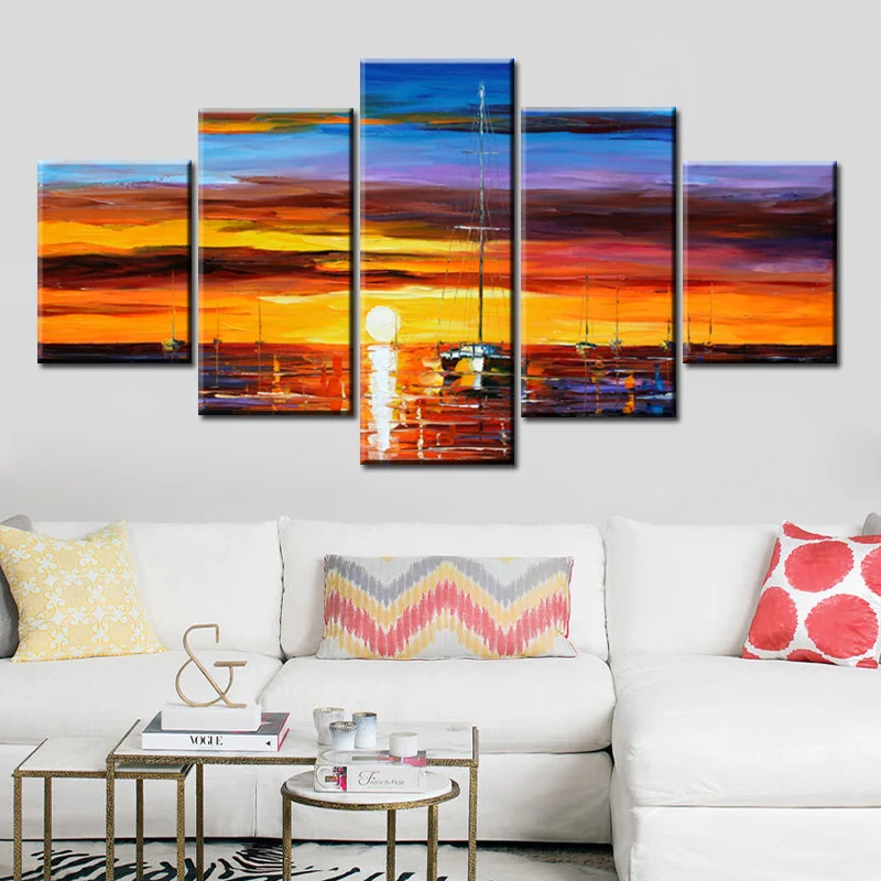 

5 Panels Canvas Painting Boat Sunset Landscape Posters and Prints Colorful Oil Painting Wall Pictures for Living Room Decor