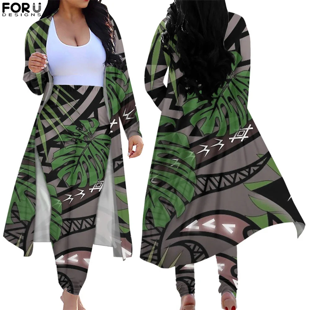 

FORUDESIGNS Women Two Pieces Suit Polynesian Tropical Palm Leaves Cardigan Trench Coat And High Waist Skinny Pants Lady Clothes