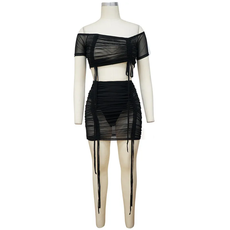 

WJFZQM Sexy Mesh Bandage Pleated Mini Two Piece Skirt Sets Women Strap Bodycon Short Skirt Suits 2021 Summer 2 Two Piece Set