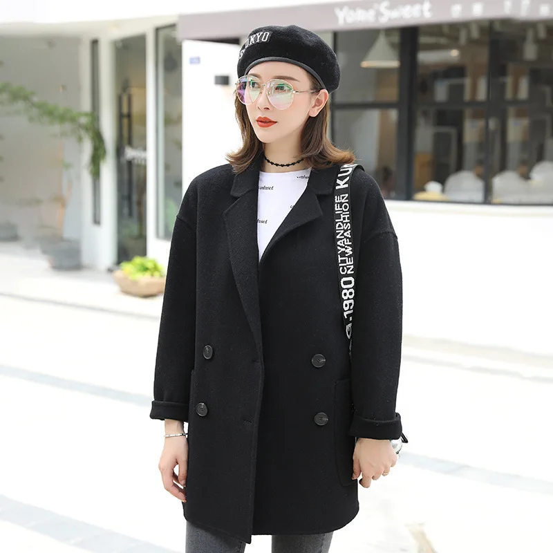 

Черное двухстороннее шерстяное пальто 2020, зимнее корейское женское свободное двубортное пальто большого размера с лацканами из 100%-ной шерс...