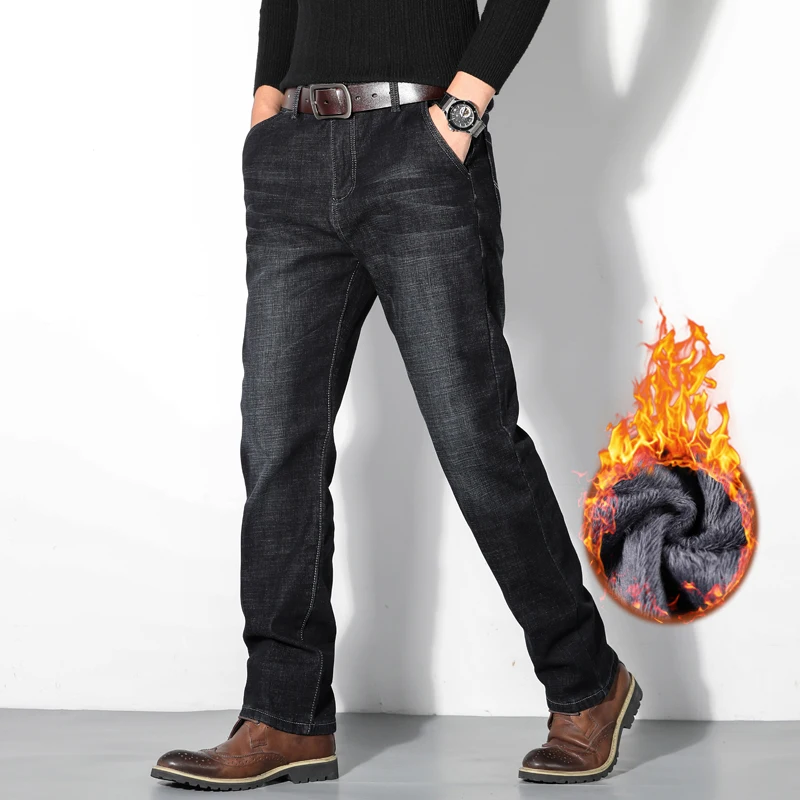 DIMI Denim Pants Oversized Men's Clothes Winter Warm Men's Jeans Fleece Padded Trousers Plus Size Straight Casual Classic Black