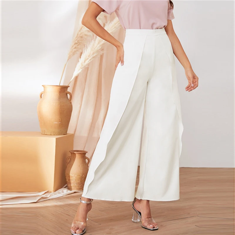 SHEIN белые Однотонные эластичные талии повседневные свободные длинные брюки женские брюки осенние широкие брюки с воланами для офисных дам
