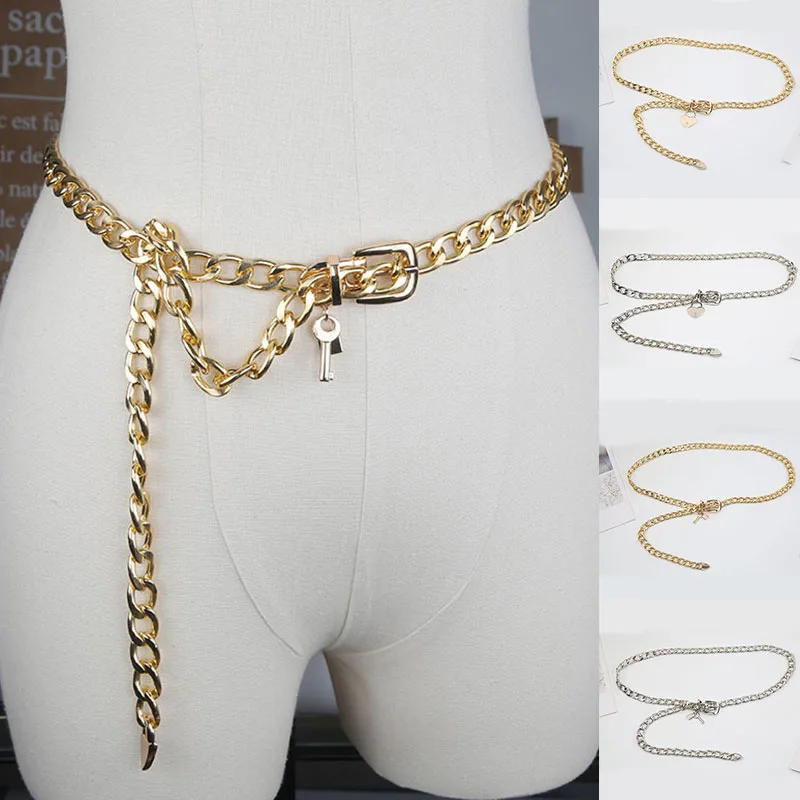 

Punk Hip Hop Women Chain Belts Love pendant Gold Silver Thick Waist Strap For Jeans Trousers Casual Ladies Female Waistband
