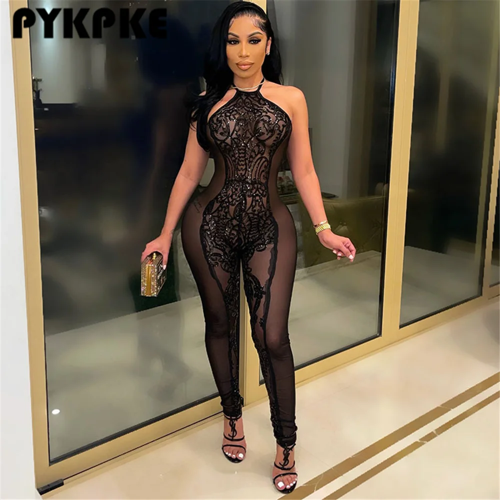 

Sexy Perspective Sequins Jumpsuits Women Sleeveless Halter Backless Bodycon Party Club Romper