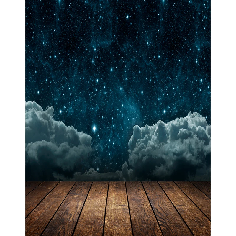 Allenjoy Starry Night Background Dreamy Sky Baby Shower Space Mysterious Moon Star Cloud Wooden Floor Glitter Backdrop Banner |