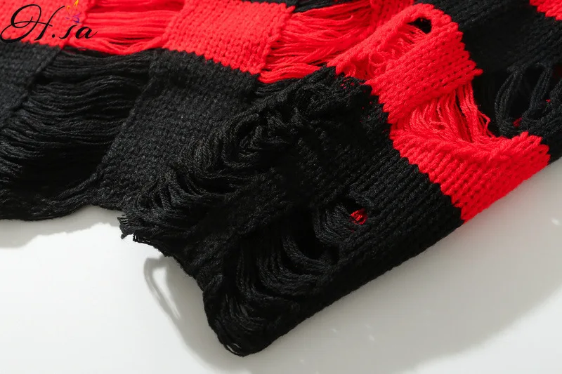 

HSA 2021 New Men's Sweater Pullover Sweater Striped Broken Holw Trendy Red and Black Stripes Ripped Hole Hip Hop Casual Jumpers