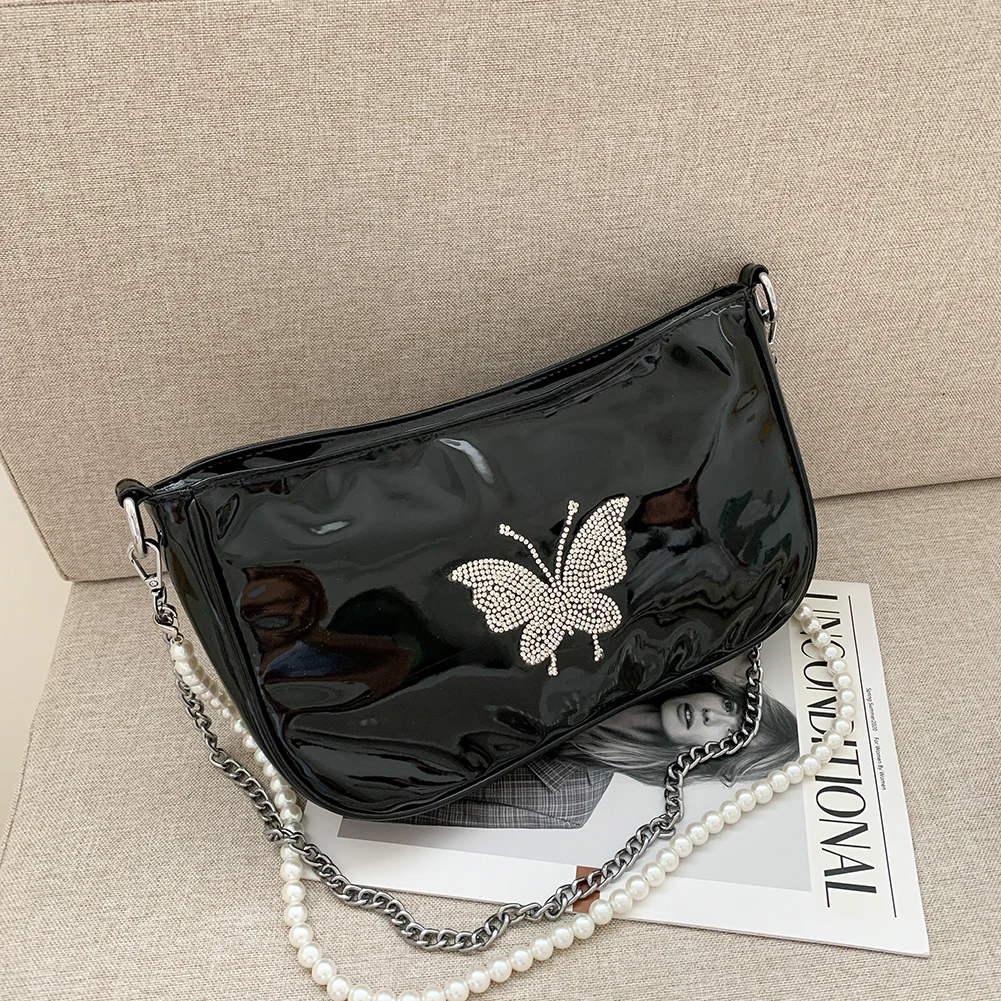 

PU Leather Shoulder Bag For Women 2020 New Fashion Rhinestone Butterfly Pearl Chain Sling Handbags Casual Travel Shopping Purses