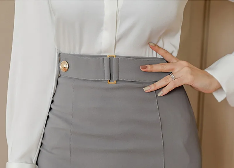 

2020 autumn winter 2 Pieces Set Slim Women White Shirts + High Waist Sheath Pencil Bodycon Skirts Suit Skirt