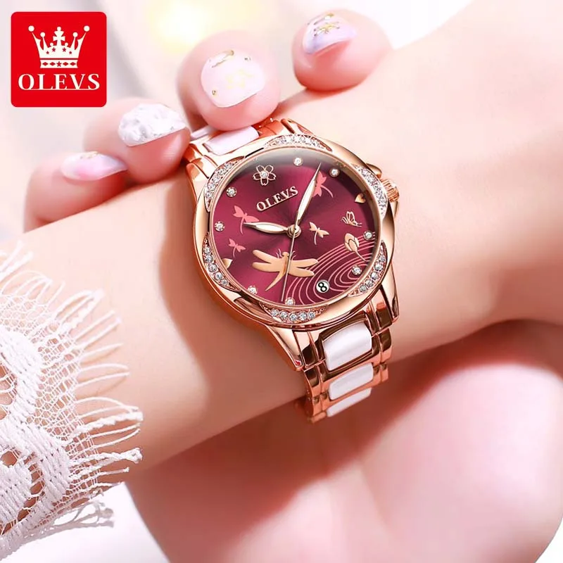 OLEVS Ladies Watch Ceramic Steel Automatic Mechanical Watches Luxury Brand Fashion Waterproof Dragonfly Wristwatches For Women enlarge