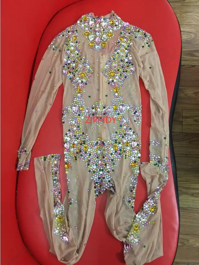 Модный женский комбинезон с цветными камнями сетчатый костюм кристаллами