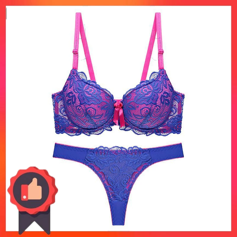 

Plus Size Sexy Underwear Set Push-Up Bra and Panty Sets C/D Cup Premium Sexy Thong Lace Lingerie Set Women Deep V Brassiere