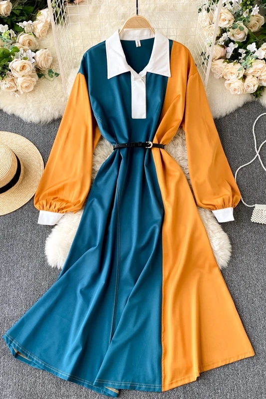 

2021 French Retro Slim Turn Down Collar Simple A-Line Mid-Calf Dresses Women