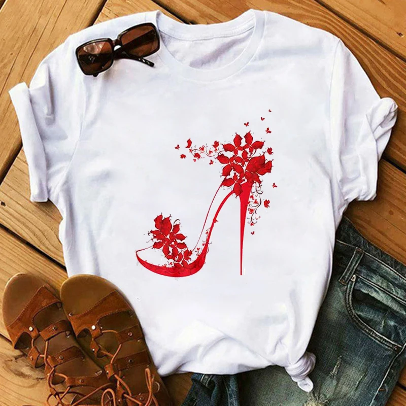 T-shirt Woman Red High Heel T-Shirt Lady Luxury Makeup Paris Style Women Summer Short Tops Girl Hipster T-shirts Clothes | Женская