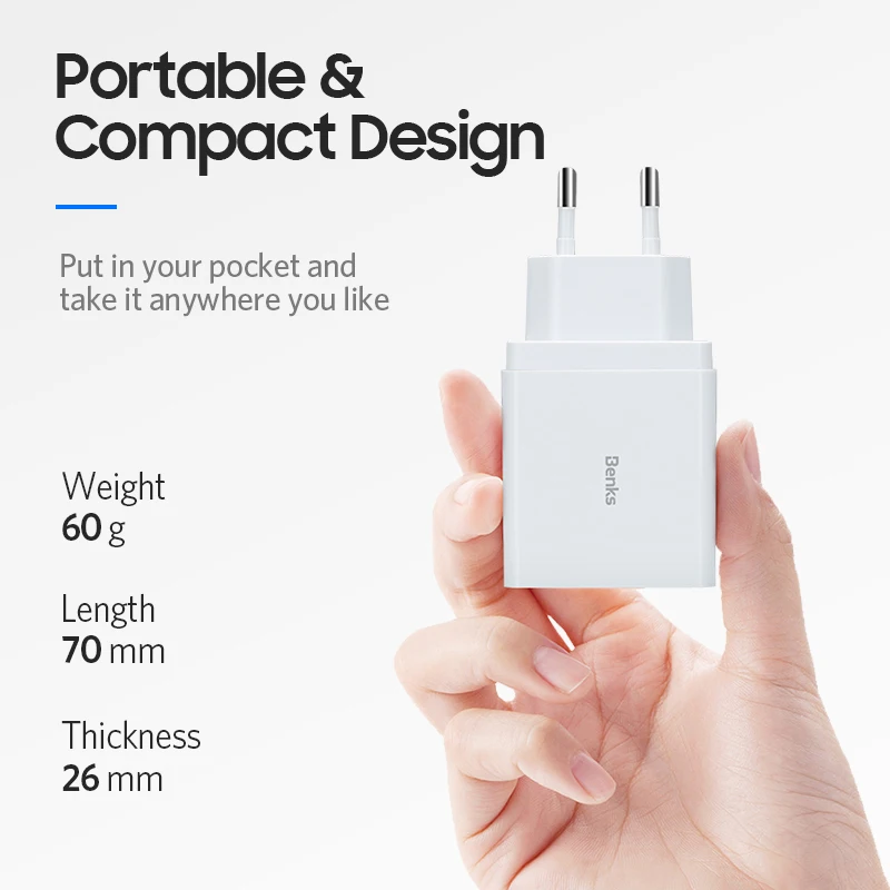 Benks 18W USB C PD 3 0 адаптер быстрой зарядки 5V 3A/9 V 2A портативное быстрое зарядное