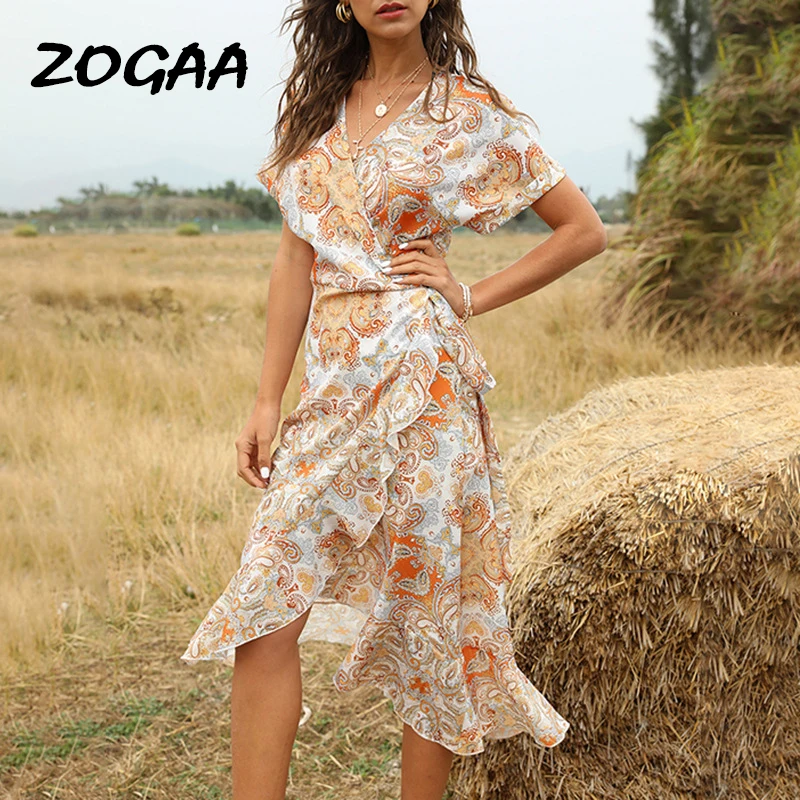 

ZOGAA 2021 Summer New Bohemian Print Dress Regain Waist Mid-length V-neck Lace-up Irregular Dress Sacos De Mujer De Vestir