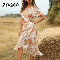 zogaa 2021 summer new bohemian print dress regain waist mid length v neck lace up irregular dress sacos de mujer de vestir